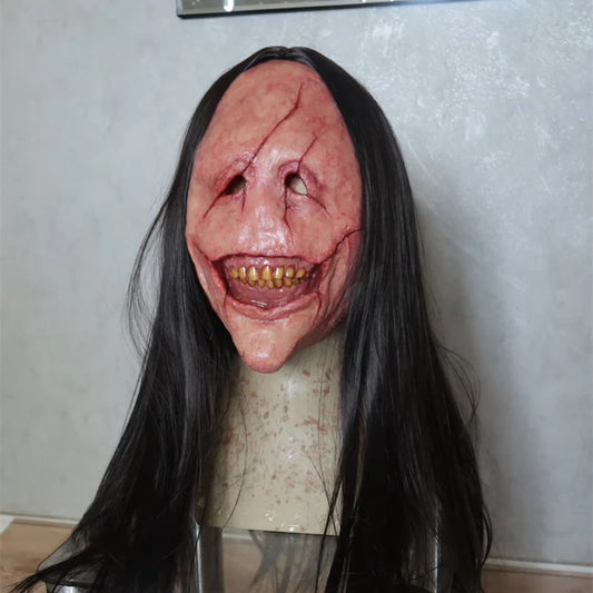 2022 New Halloween Horror Long Hair Devil Red Face Devil Mask Toothless Devil Latex Long Hair Mask Halloween Costume