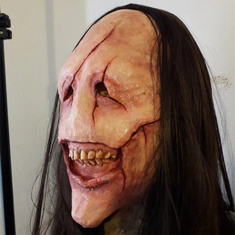 2022 New Halloween Horror Long Hair Devil Red Face Devil Mask Toothless Devil Latex Long Hair Mask Halloween Costume