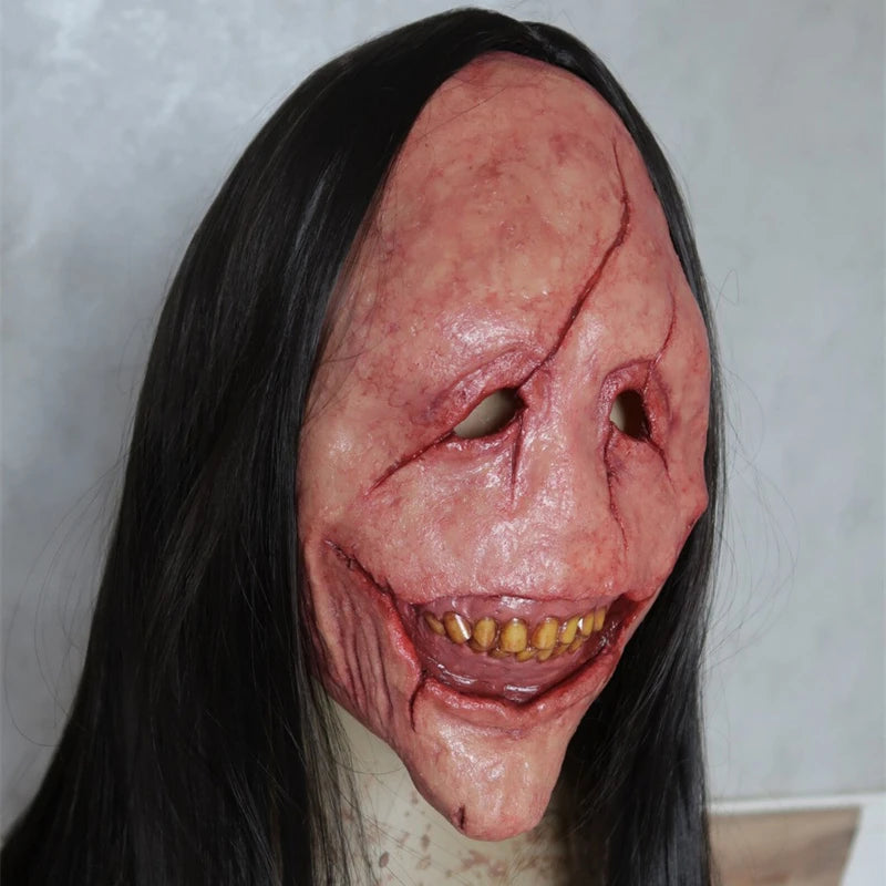 2022 New Halloween Horror Long Hair Devil Red Face Devil Mask Toothless Devil Latex Long Hair Mask Halloween Costume