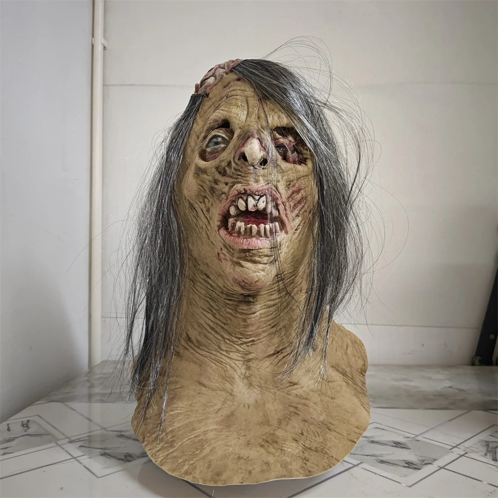 Halloween Scary Zombie Mask Realistic Old Man Mask Horror Walking Dead Female Zombie Full Head Mask Cosplay Horror Costume Props