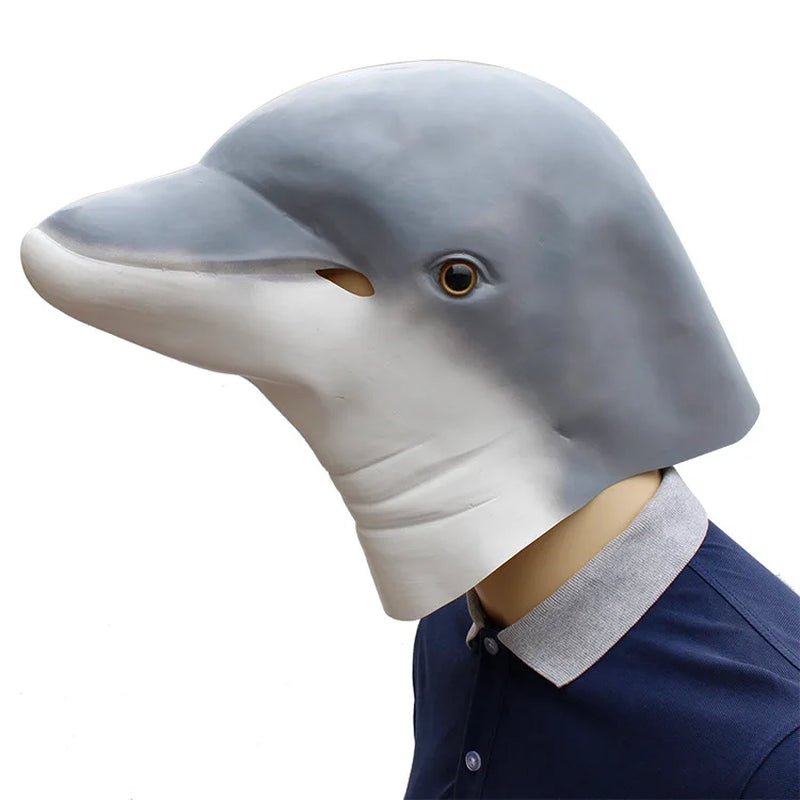 Dolphin Fish Head Mask Latex Fancy Party Cosplay Animal Full Face Mask Halloween Christmas Birthday Masquerade Prop Costumes